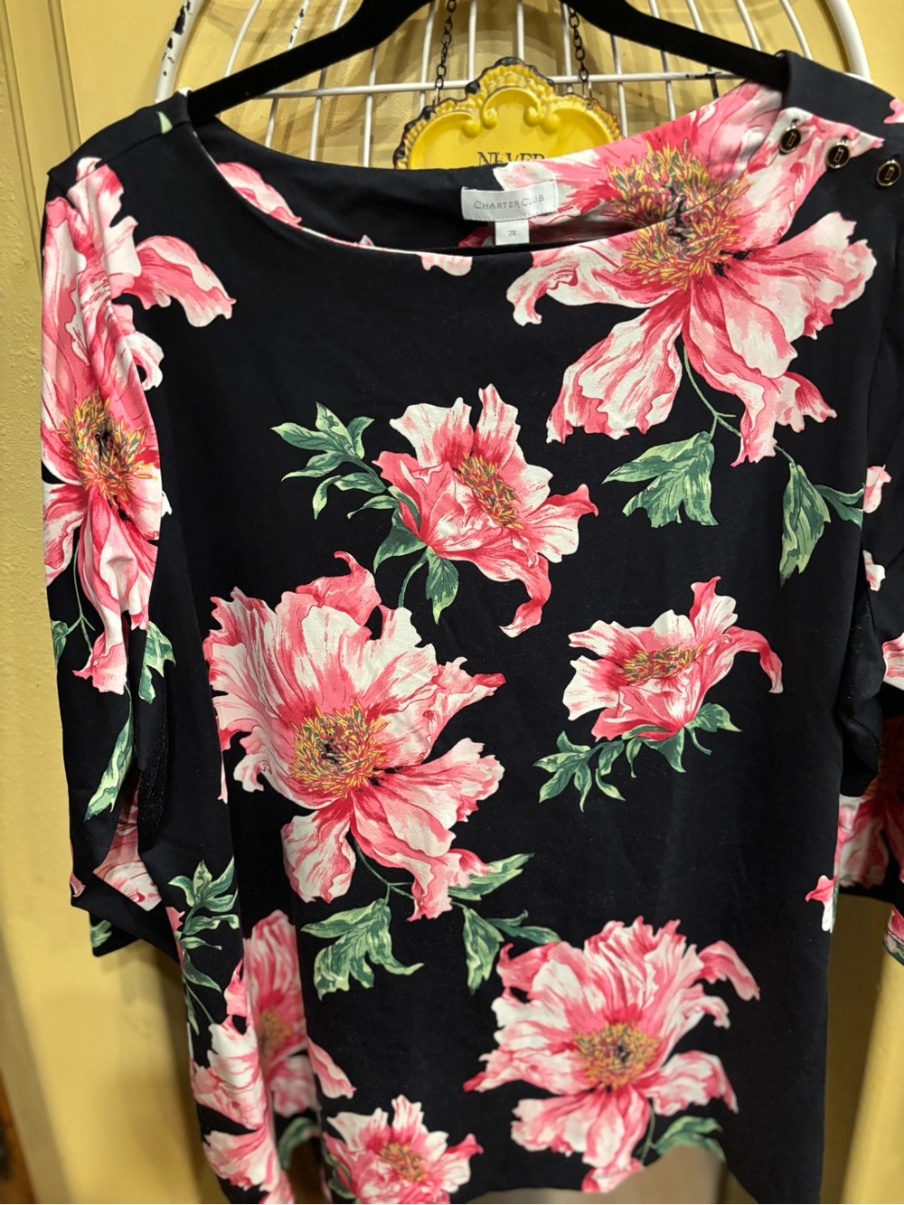 Charter Club Black Top with Pink Floral Print